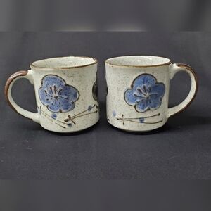 Pair MCM Stoneware Mugs Blue Brown Floral Vintage Coffee Cups  Japan Style Set